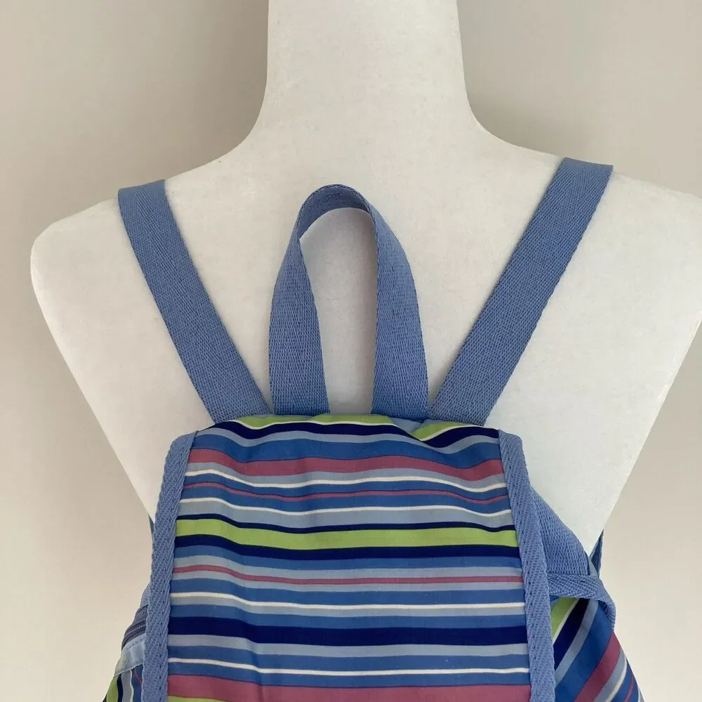 LeSportSac Blue Pink Striped Voyager Drawstring Nylon Small Backpack Bag